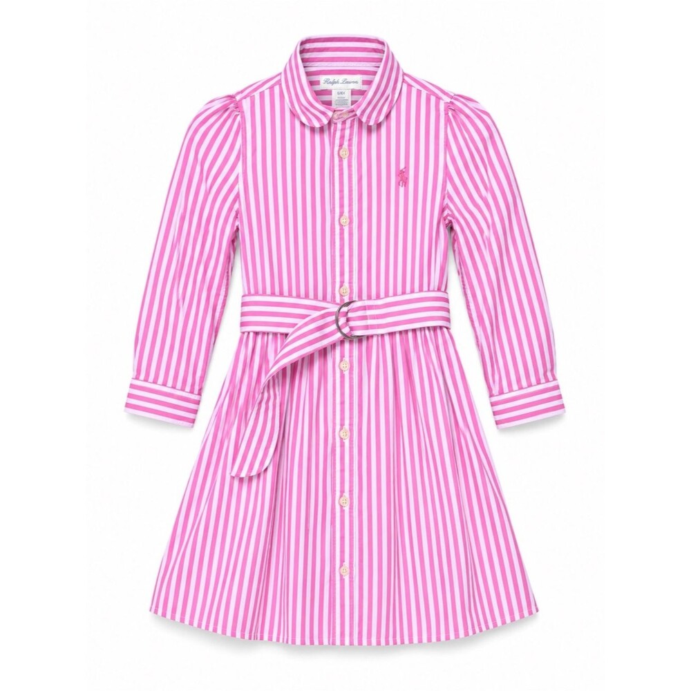 Ralph Lauren Pink Stripe Cotton Shirt Dress 24M Belted Button Front Preppy